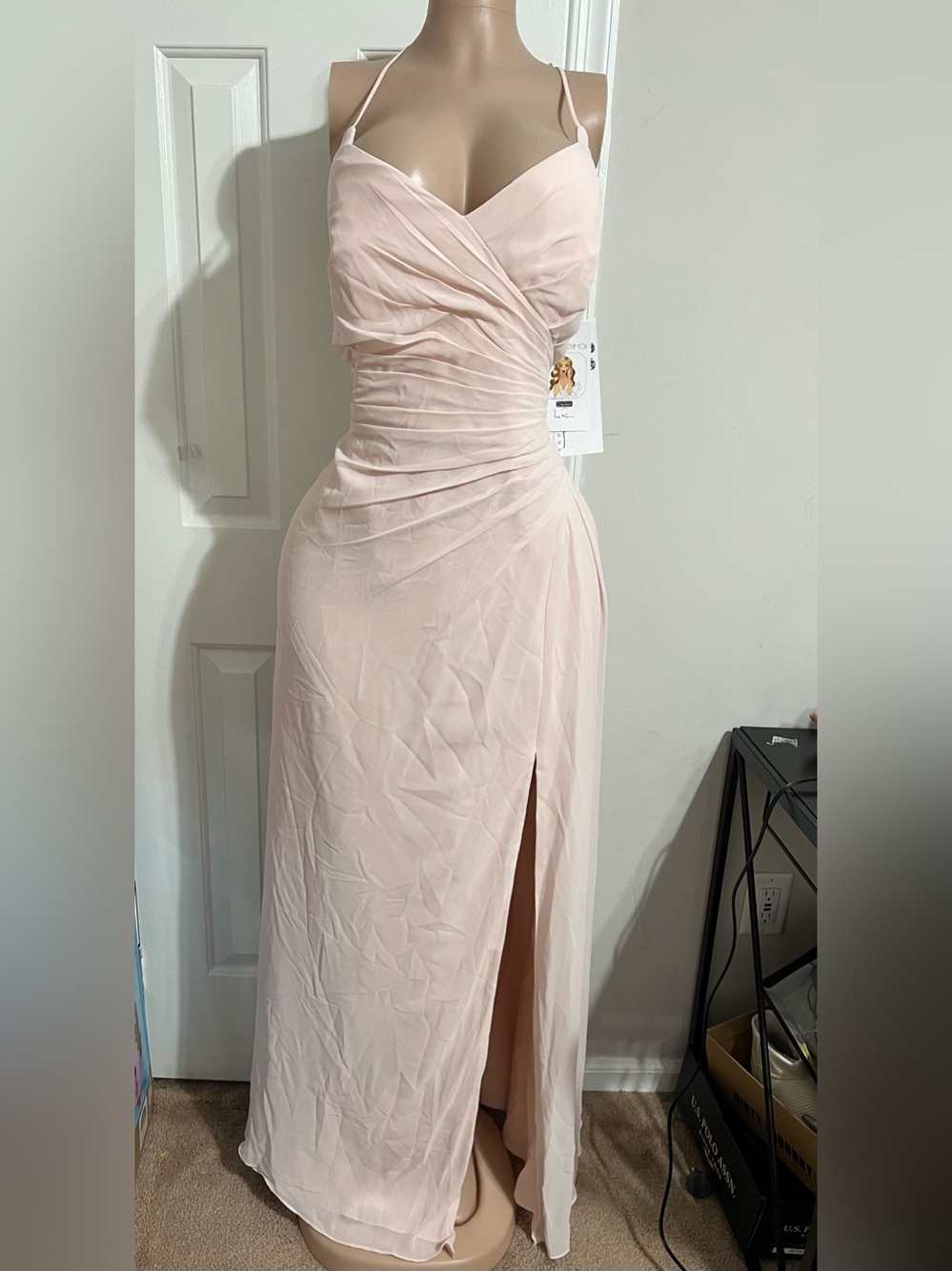 Chiffon Ruched V-Neck Maxi Dress in Light Blush - Picture 1 of 12